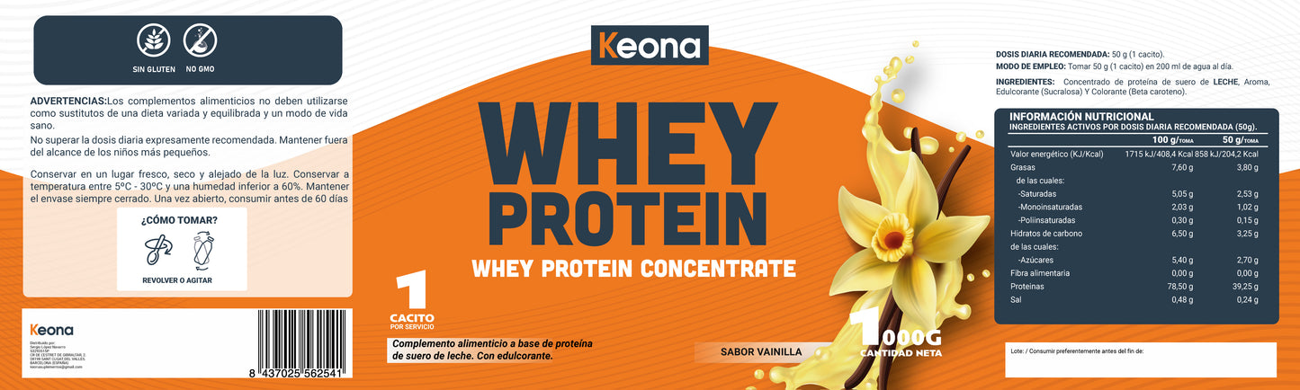 Whey Protein Concentrate Keona con alto contenido en proteína y sabor suave a vainilla
