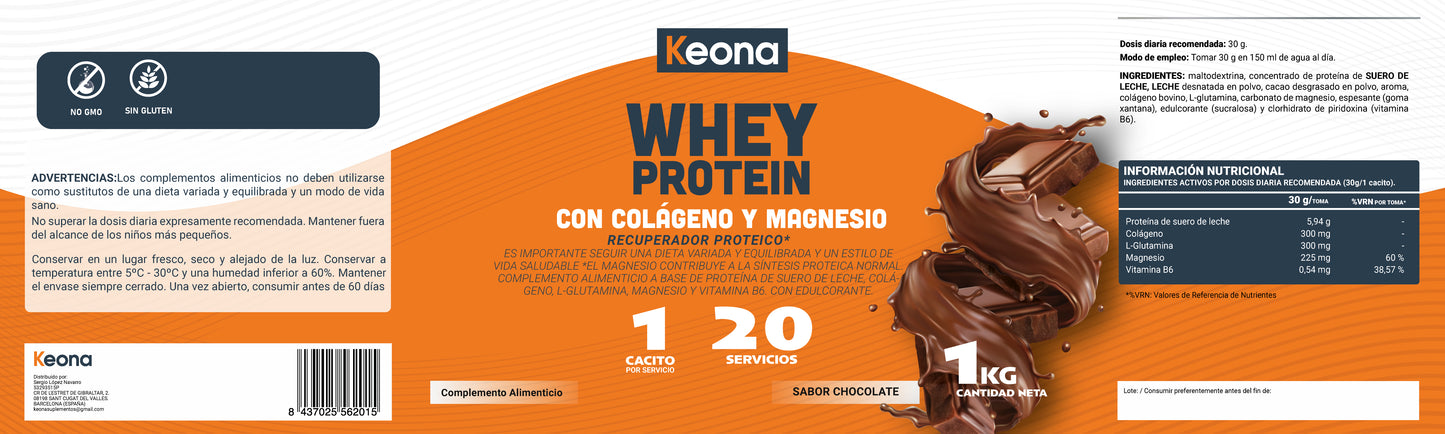 Proteína Whey Keona sabor chocolate con alto contenido proteico y bajo en azúcares