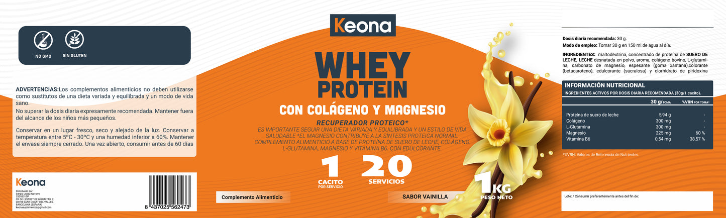 Whey Protein Keona sabor vainilla con alto contenido en proteína y bajo en grasas