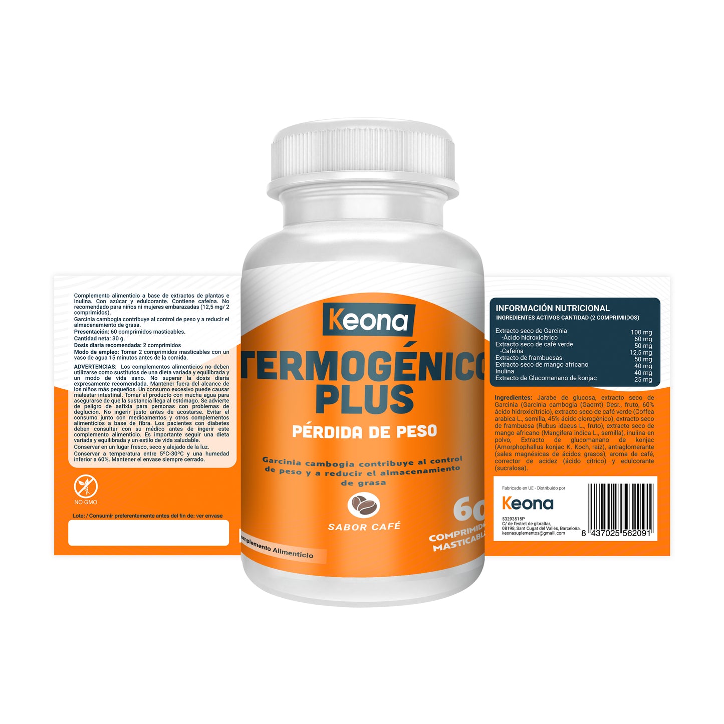 Fórmula de Termogénico Plus Keona con cafeína, té verde, cayena y L-carnitina