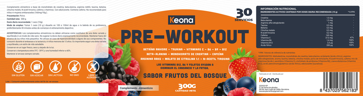 Ingredientes del Pre-entreno Keona: taurina, beta-alanina, cafeína y L-arginina