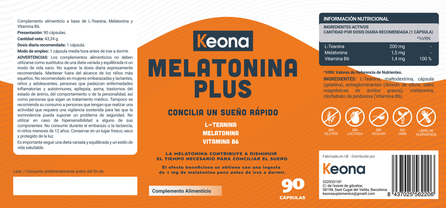 Fórmula de Melatonina Plus Keona con valeriana, pasiflora, melatonina y manzanilla