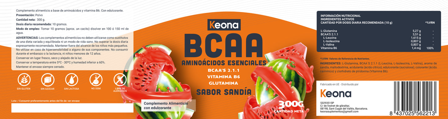 Composición BCAA Keona: leucina, isoleucina y valina en proporción 2:1:1