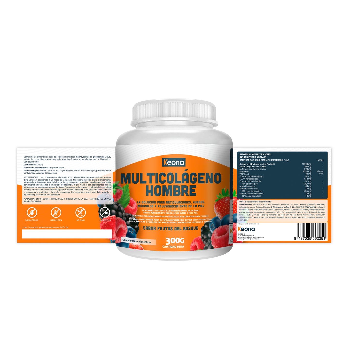 Fórmula del Multicolágeno Keona: colágeno I, II, III, V, X con vitamina C y ácido hialurónico