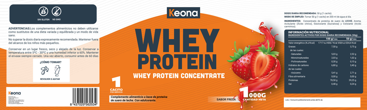 Whey proteína Keona sabor fresa – Suplemento para desarrollo y recuperación muscular"